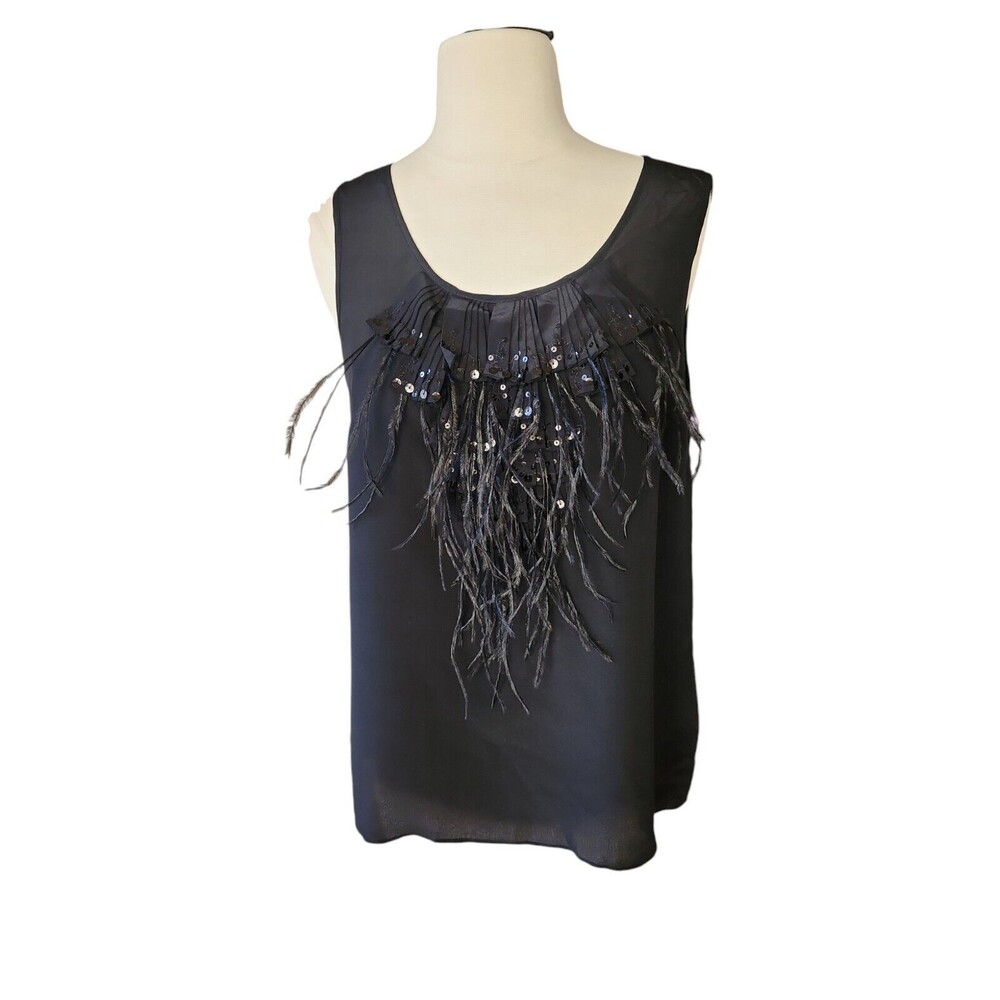 Talbots Silk Avant Garde Sleeveless Blouse Womens Size 10 Black Feather Sequined